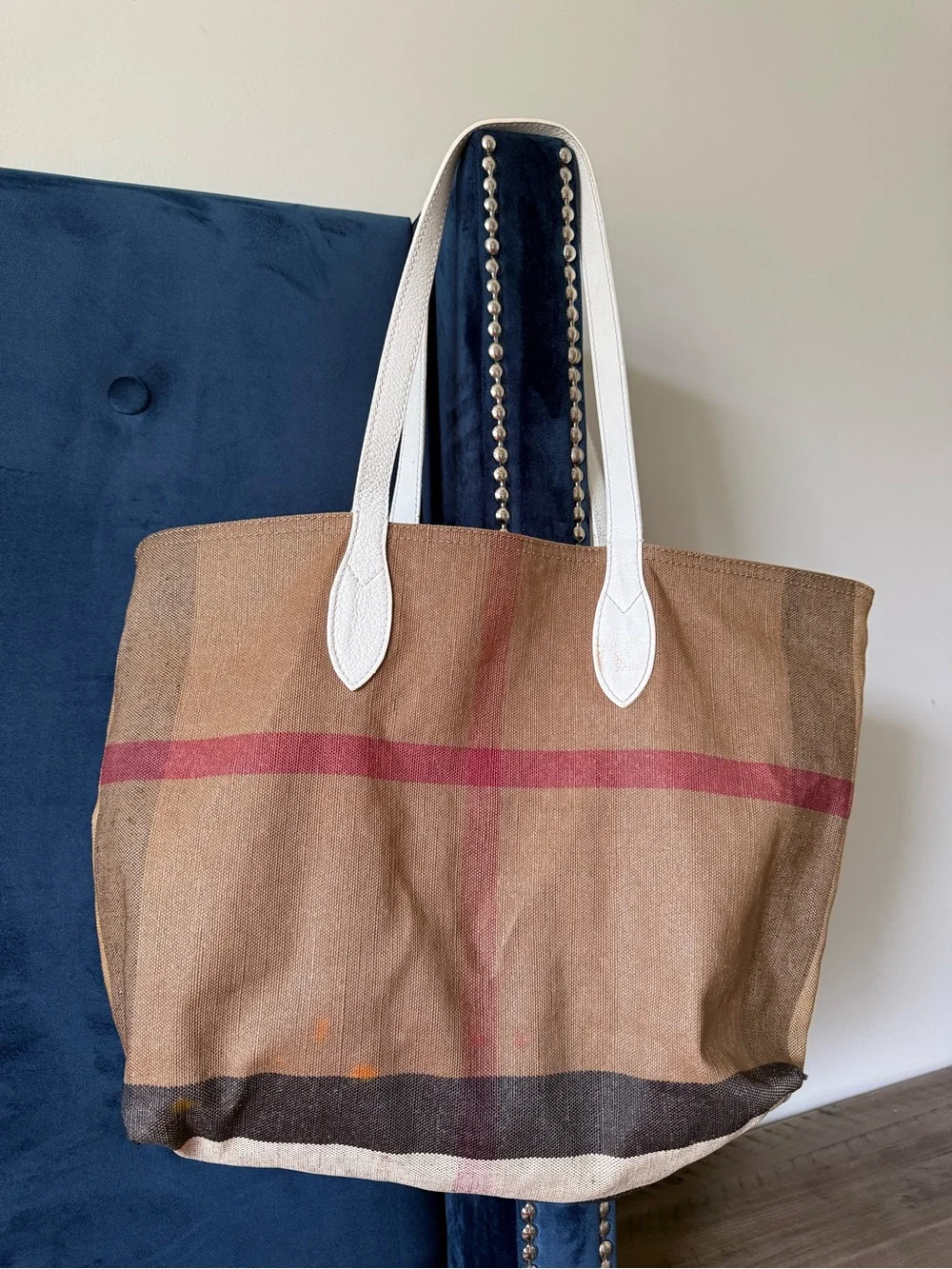 Burberry Brown Canvas Tote with White Leather Handles